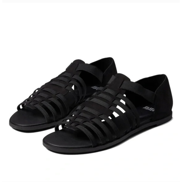 NWOT Eileen Fisher Rato Honey Leather Sandals 5.5 Flats Fisherman Black Travel - Picture 1 of 7